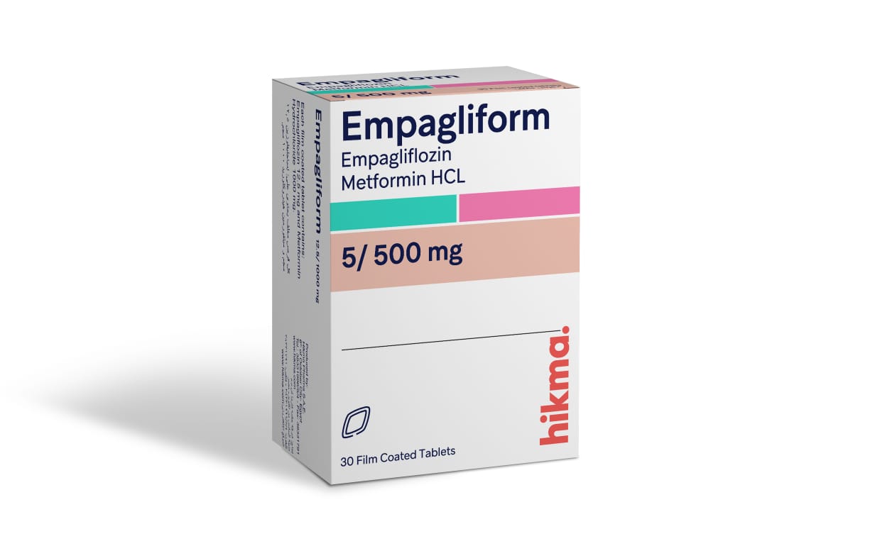 Empagliform 5 mg 500 mg tablets containing Empagliflozin and Metformin HCL for treatment of type 2 diabetes