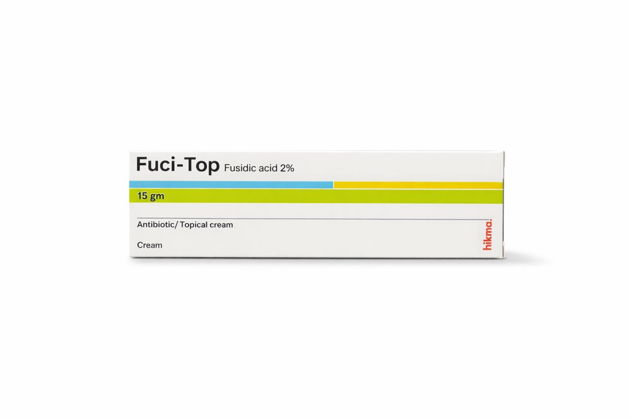 Fuci top 2% Cream tube and carton, fusidic acid topical treatment for localized bacterial skin infections.