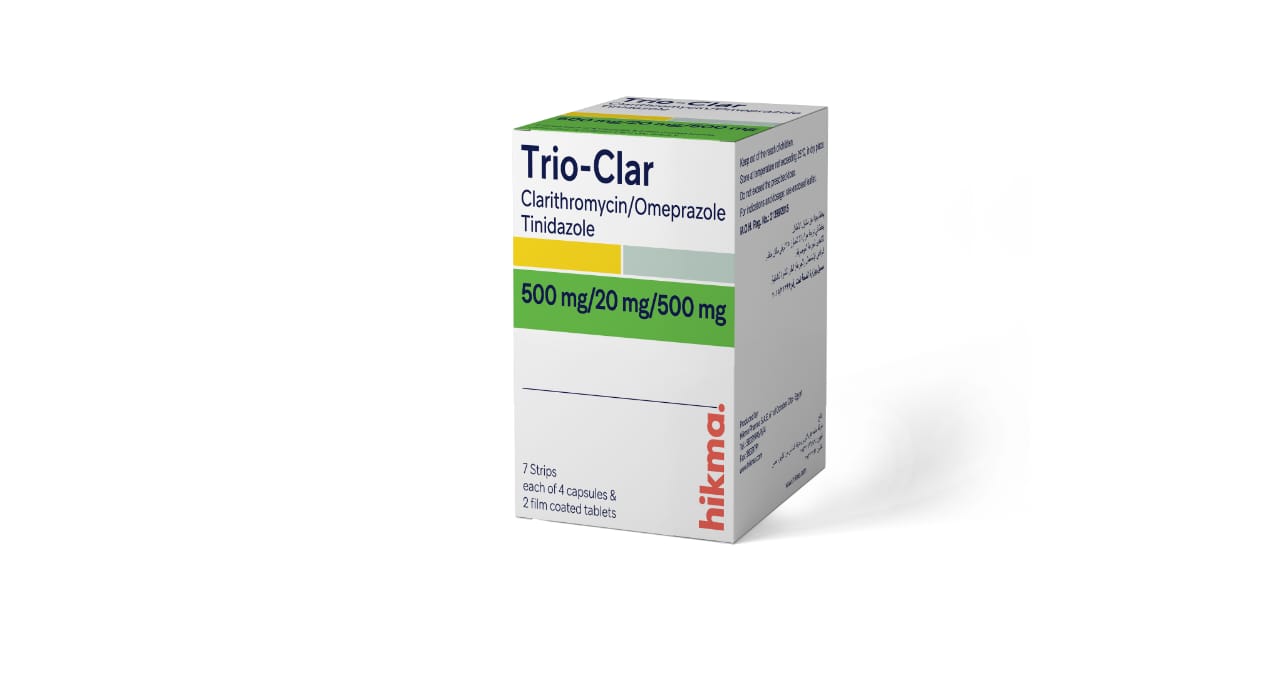 Trio-Clar Capsule with Clarithromycin 500 mg, Omeprazole 20 mg, Tinidazole 500 mg, antibiotic and gastrointestinal treatment