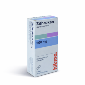 ZITHROKAN 500 mg Azithromycin capsules by Hikma – 3 hard gelatin capsules antibiotic pack with shadow on white background