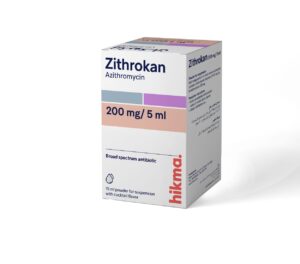 ZITHROKAN 200 mg per 5 ml oral suspension bottle, azithromycin pediatric antibiotic powder for reconstitution.