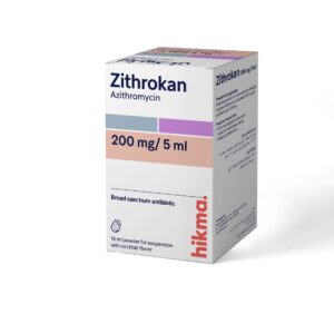 ZITHROKAN 200 mg per 5 ml oral suspension bottle, azithromycin pediatric antibiotic powder for reconstitution.