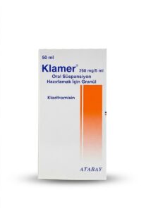 Klamer® 250 mg/5 mL clarithromycin oral suspension granules bottle packaging